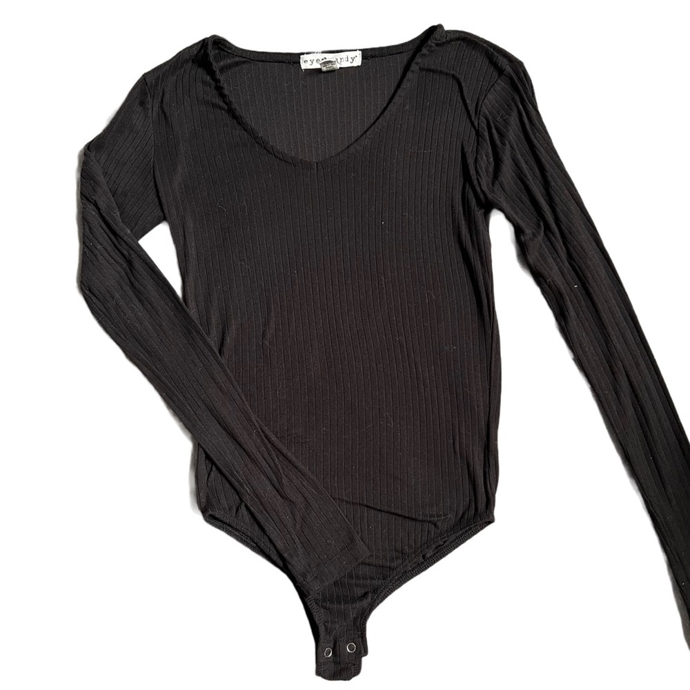 EYE CANDY BLACK V NECK LONG SLEEVE RIBBED BODYSUIT SIZE SMALL